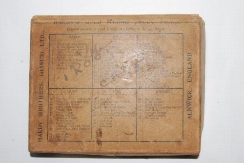 HARDY'S GOLD MEDAL TROUT FLY BOX. [Cardboard] Circa 1883. With 10- Eyed winged & soft-hackle flies #14-16. tied to gut; plus 12 gut leaders with no flies.